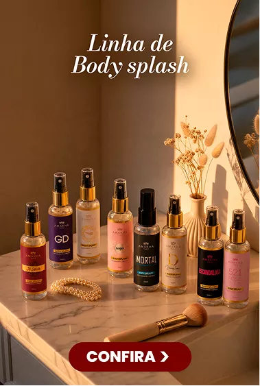 Linha de Body Splash: oito frascos de body splash Amakha Paris enfileirados sobre bancada de mármore