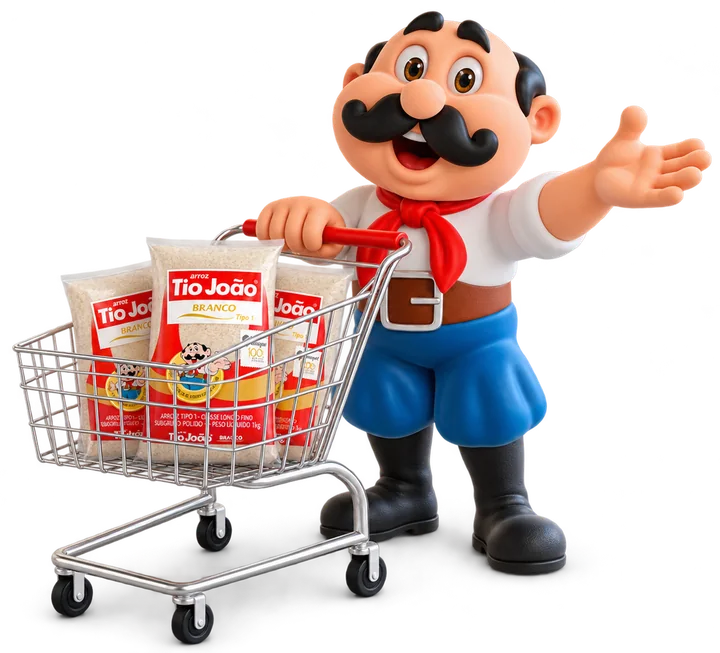 Tio João empurrando um carrinho com pacotes de arroz