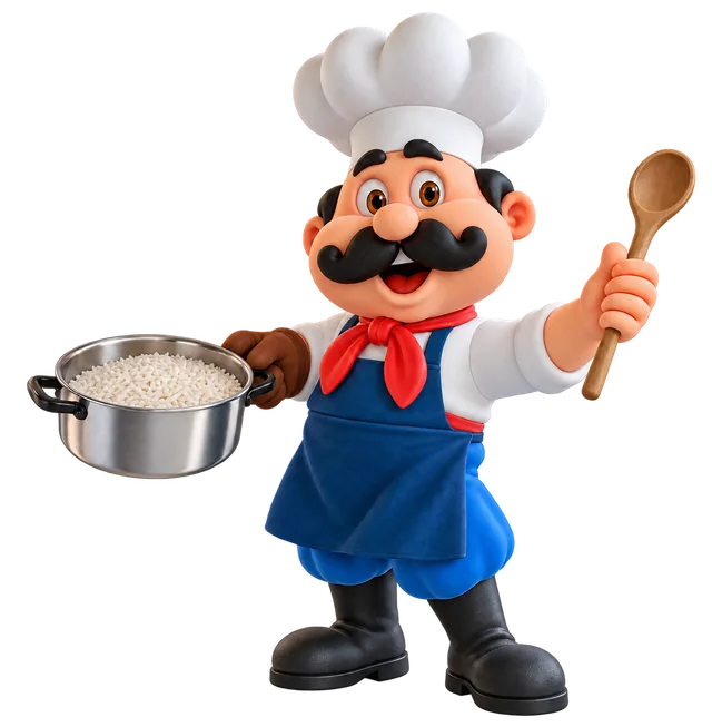 Tio João de chef de cozinha segurando uma panela de arroz