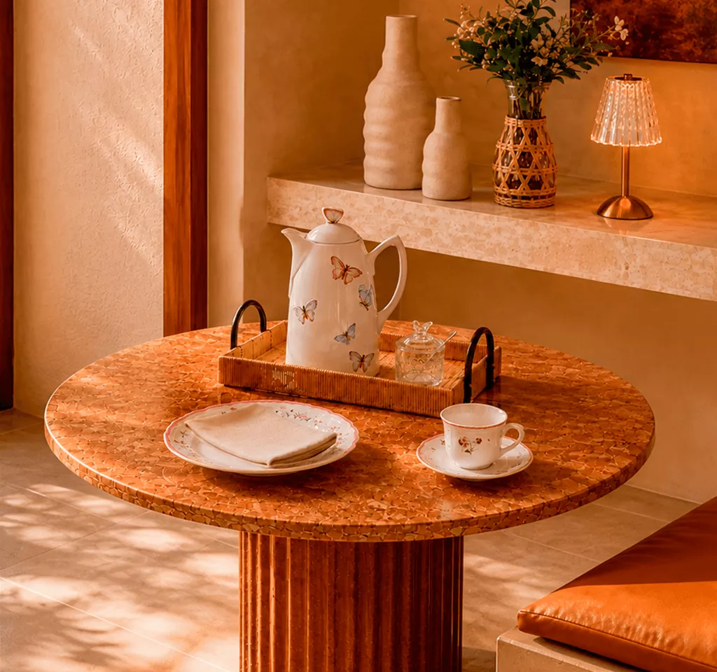 Mesa de jantar decorada com jogo de chá, bule floral e peças de cerâmica em tons terrosos
