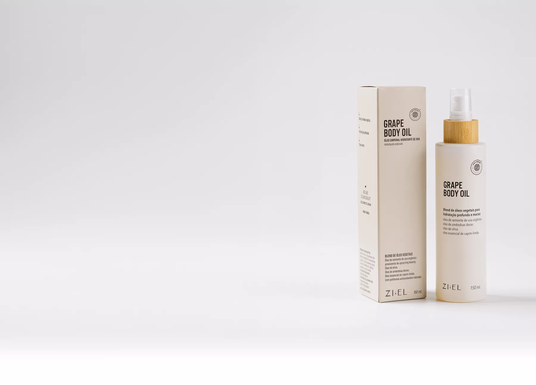 Caixa e frasco do Grape Body Oil da ZI:EL sobre fundo claro